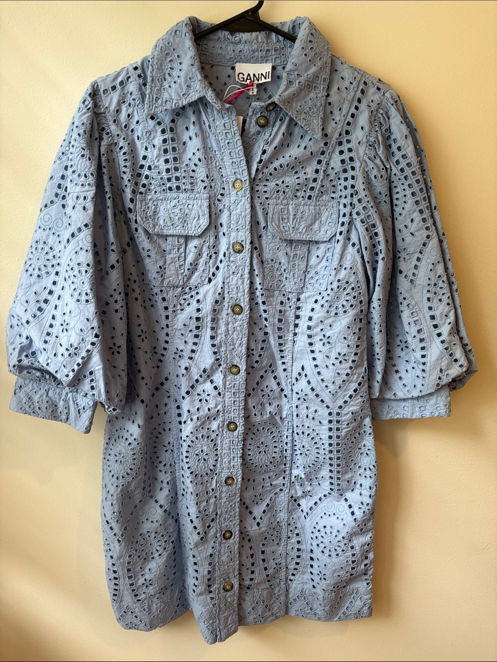 GANNI Light Blue Eyelet Cotton Dress 3/4 Puff sleeve
